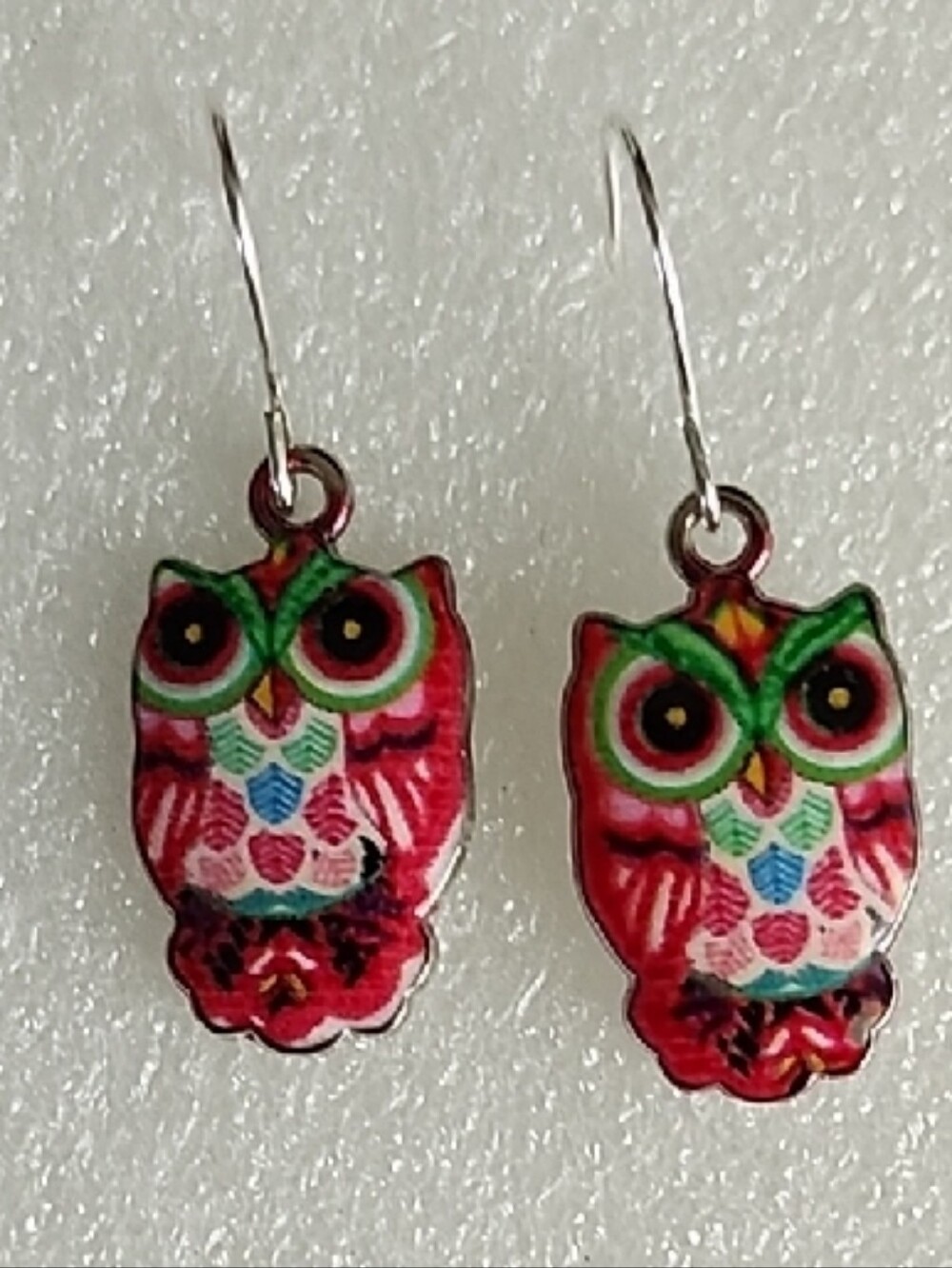 Hand Crafted Red Owl Enamel Dangle Earrings